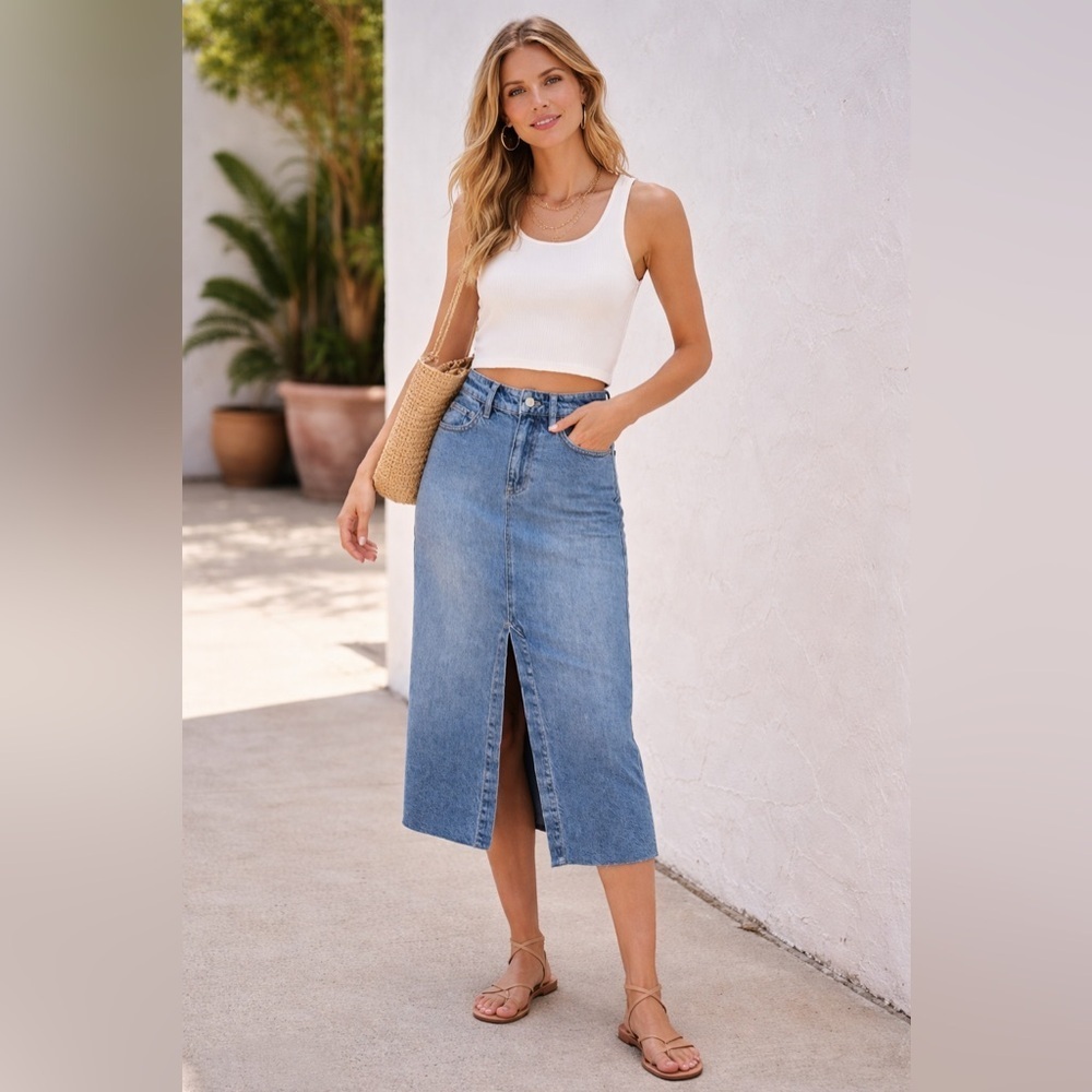 We The Free Denim Midi Skirt Size 24 Light Wash High Rise Front Slit